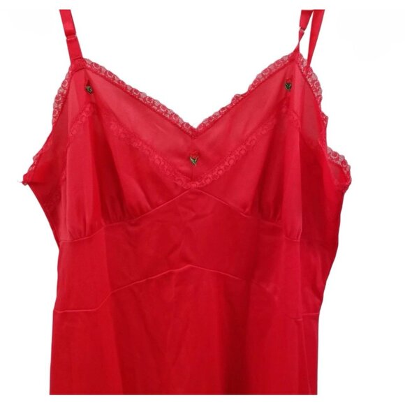 Henson Kaepernick Vtg Red Floral Nylon Lace Trim Nightgown Slip Dress - Picture 6 of 6